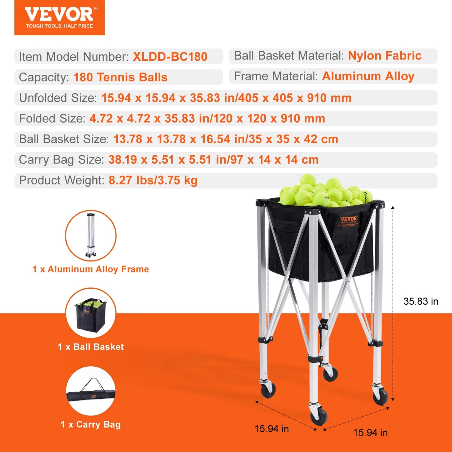 SucceBuy Foldable Tennis Ball Cart Holds 150 To 180 Balls