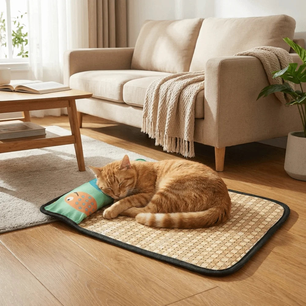 Rattan Weave Pet Cooling Mat Cartoon Pattern Anti Slip Bed
