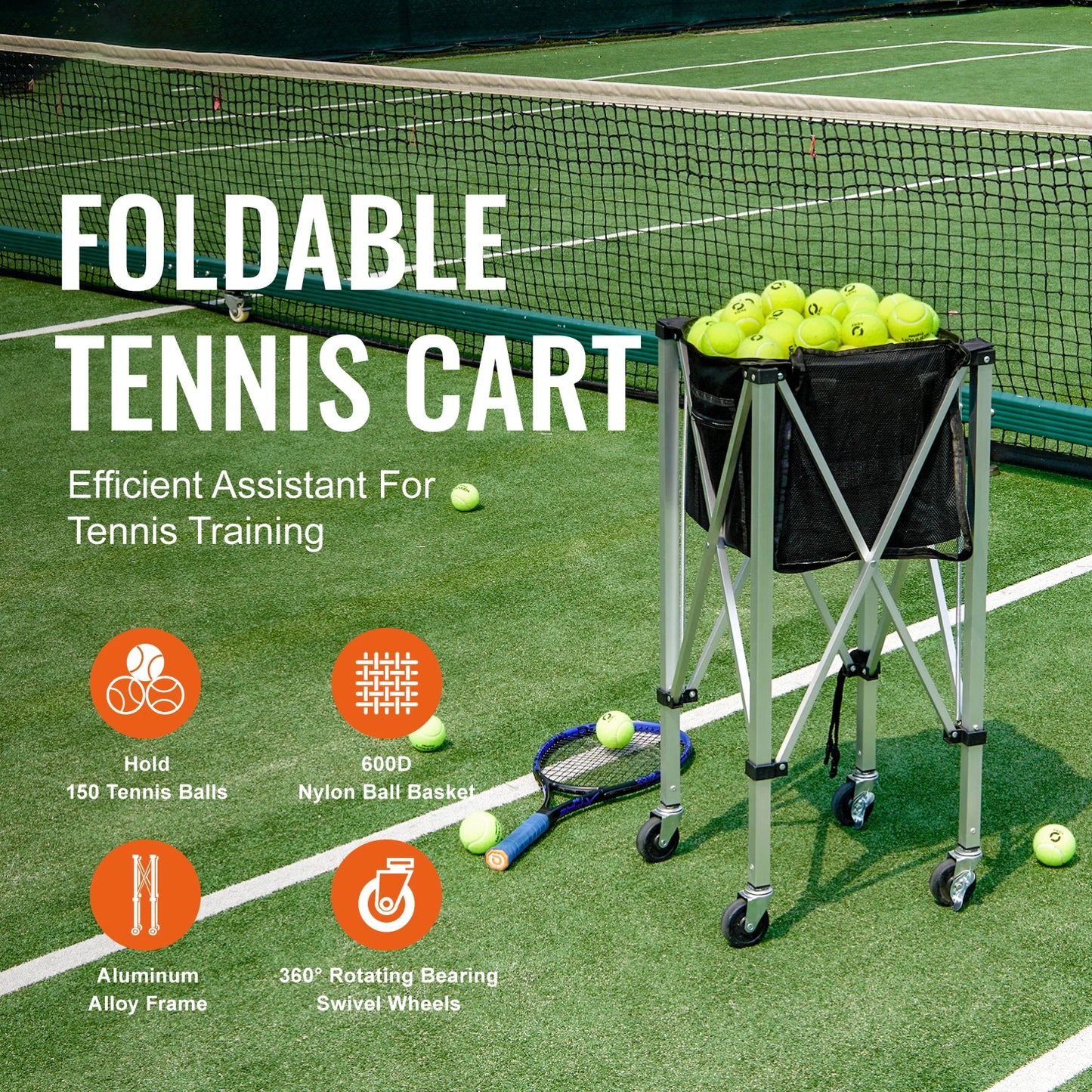 SucceBuy Foldable Tennis Ball Cart Holds 150/180 Balls