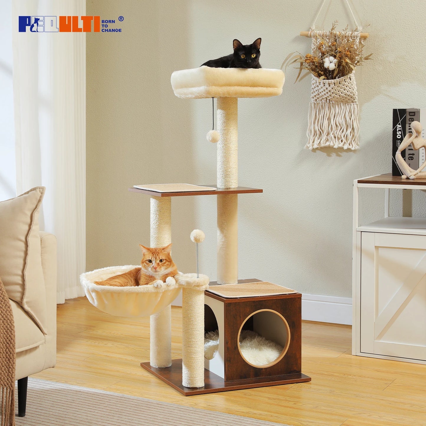 PAWZ Road Modern Cat Tree Indoor Cats Multi Level Wood Cat Tower With Cozy Condo