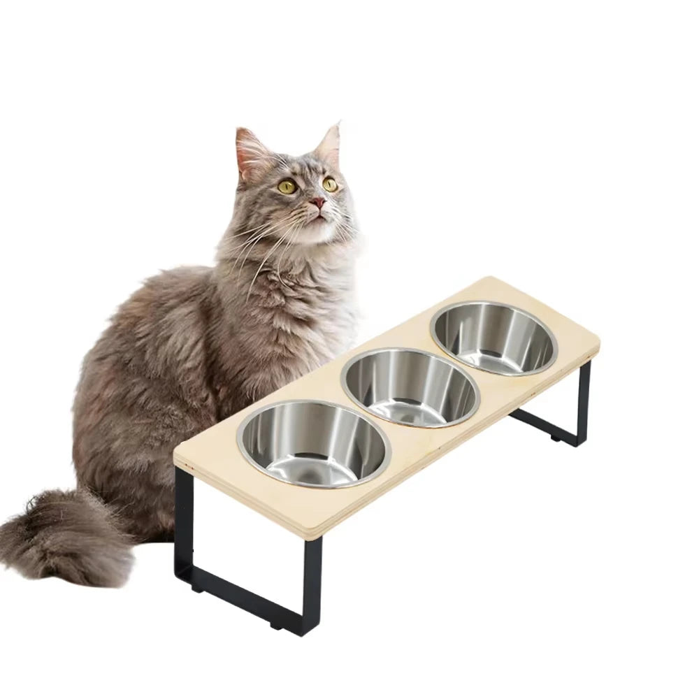 Elevated Cat Feeder With Tilted Bamboo Stand And Stainless Bowls