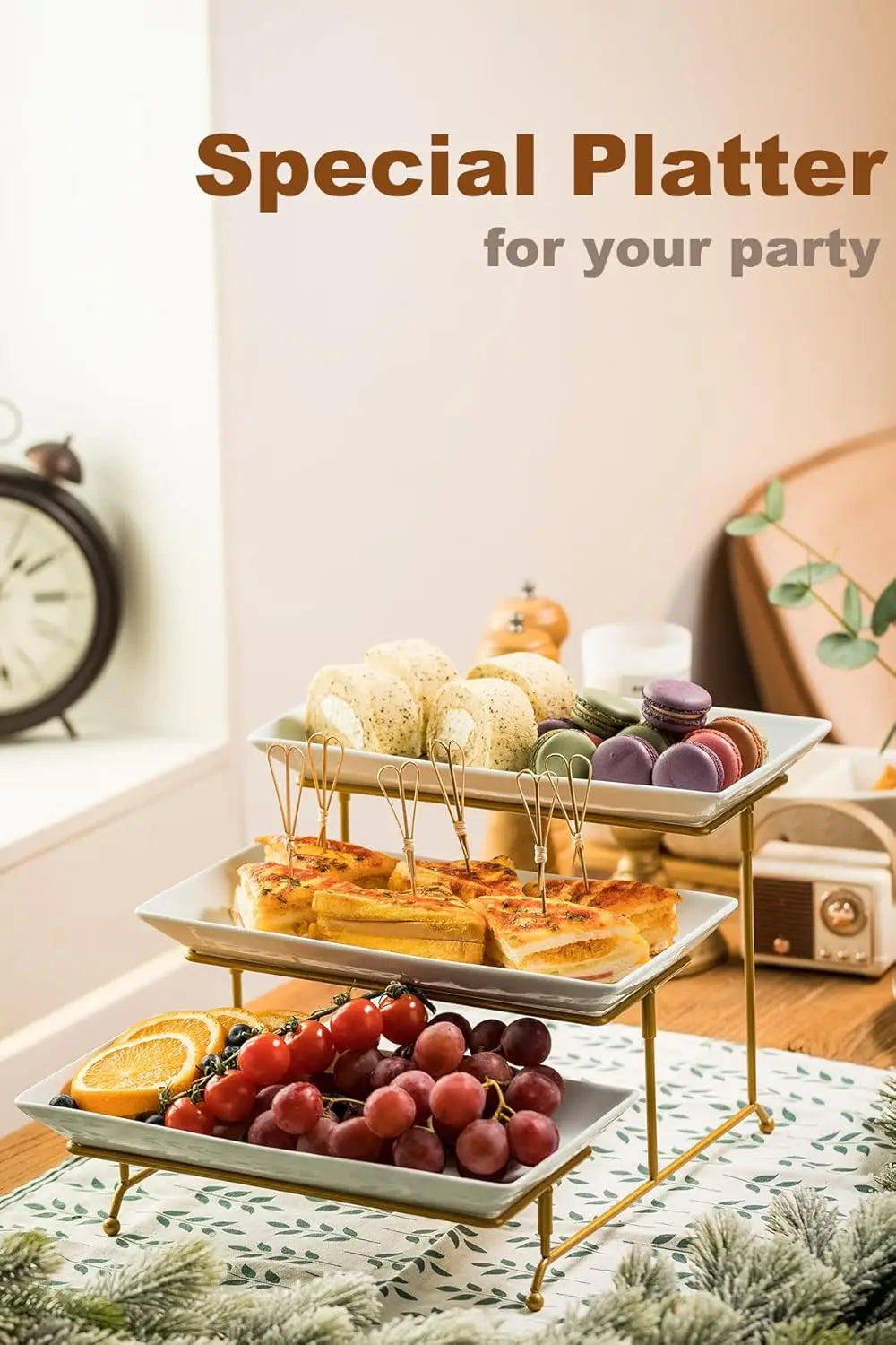 Three Tier Porcelain Serving Tray With Collapsible Rack Display Stand