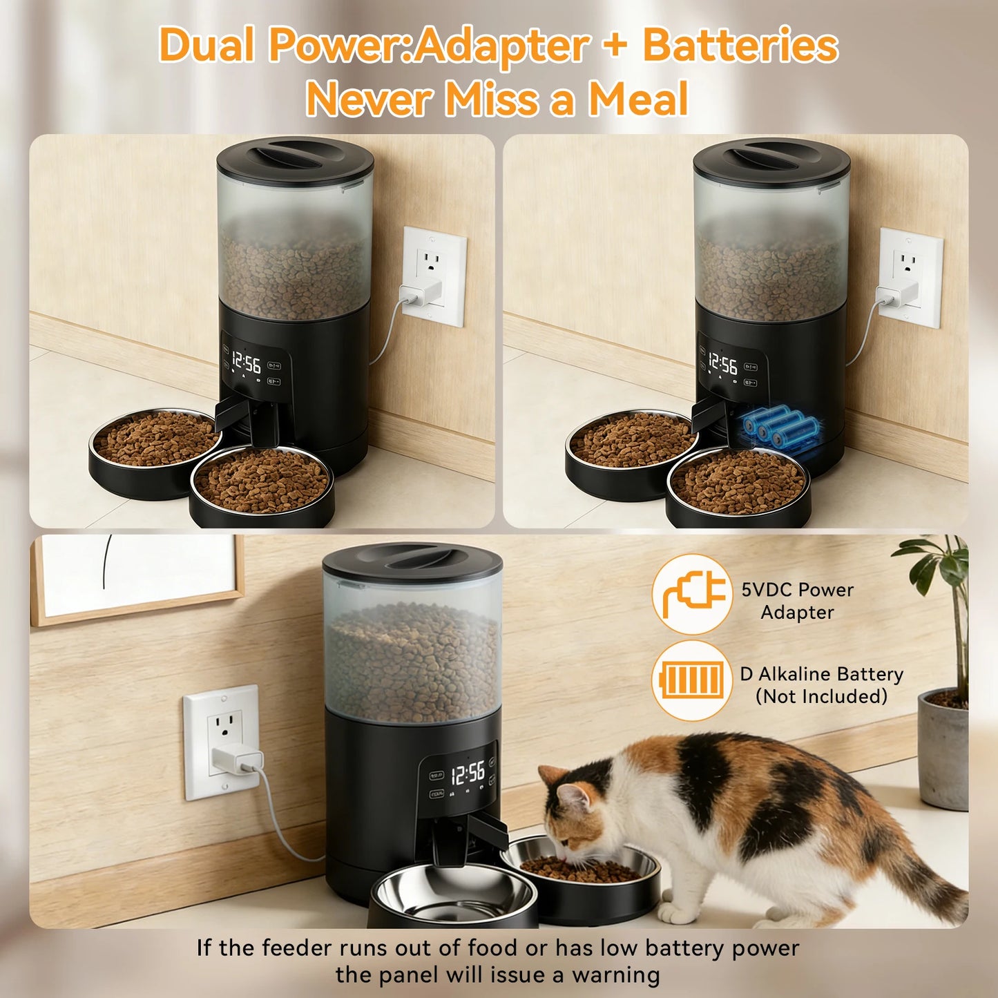 Automatic Cat Feeder With Two Stainless Bowls Timed Dual Power Dispenser
