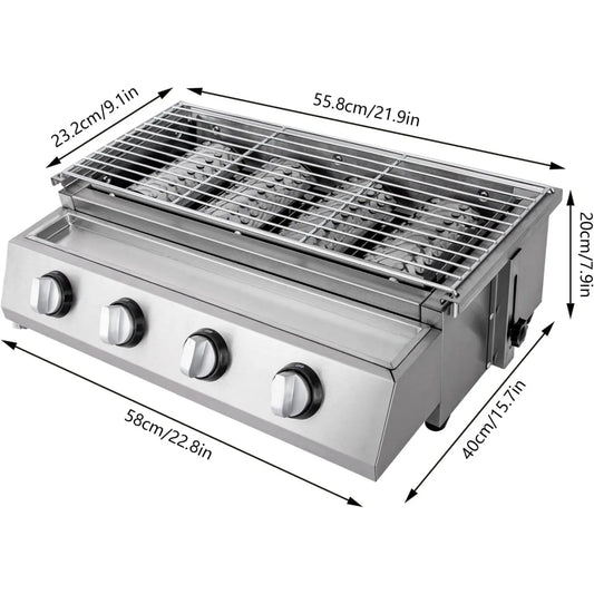 Professional 4 Burner Stainless Steel Portable Tabletop Gas Grill Smokeless