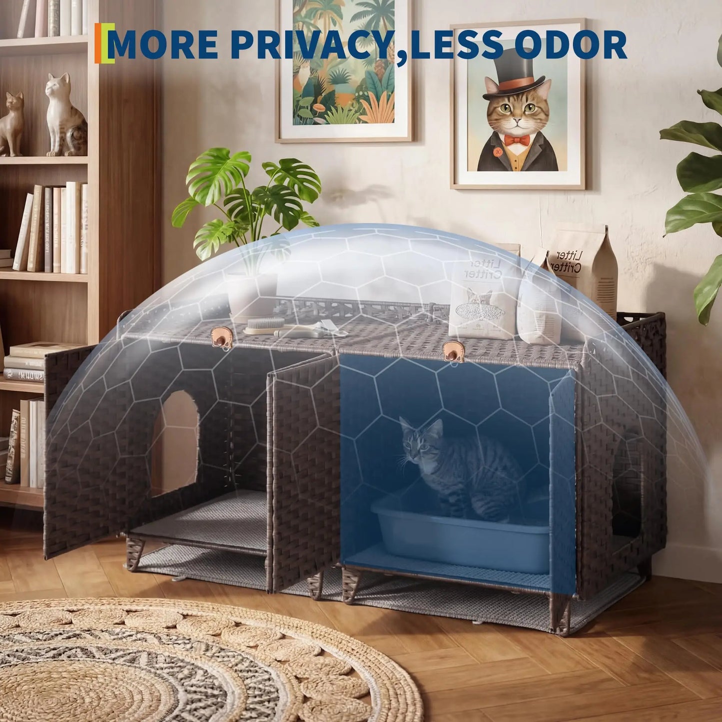 DishyKooker Rattan Litter Box Enclosure For Two Cats