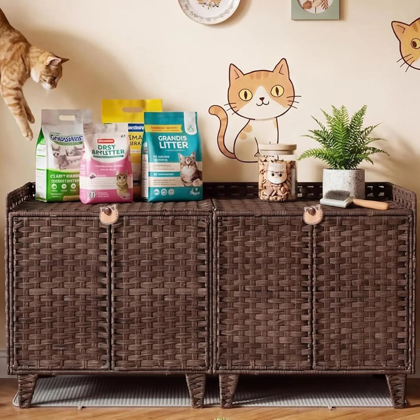 DishyKooker Rattan Litter Box Enclosure For Two Cats