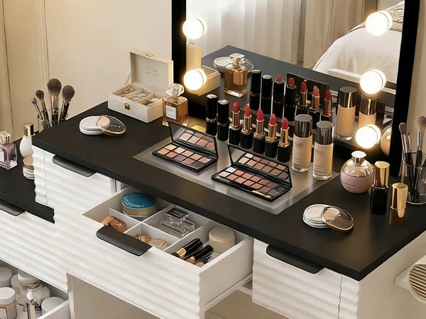 Modern Vanity Desk Chair With Mirror Lighting And Glass Top