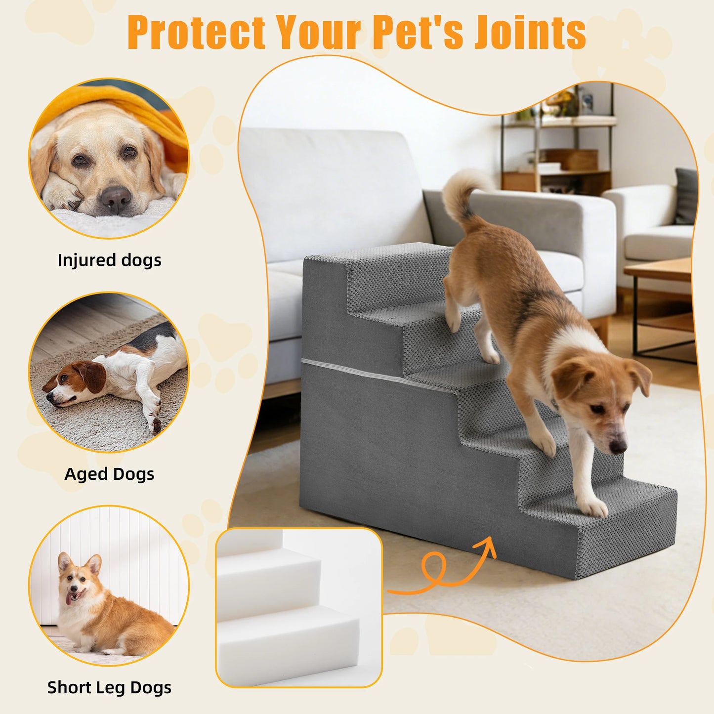 Right Angled Foam Dog Stairs 3 To 5 Step Non Slip Indoor Ramp