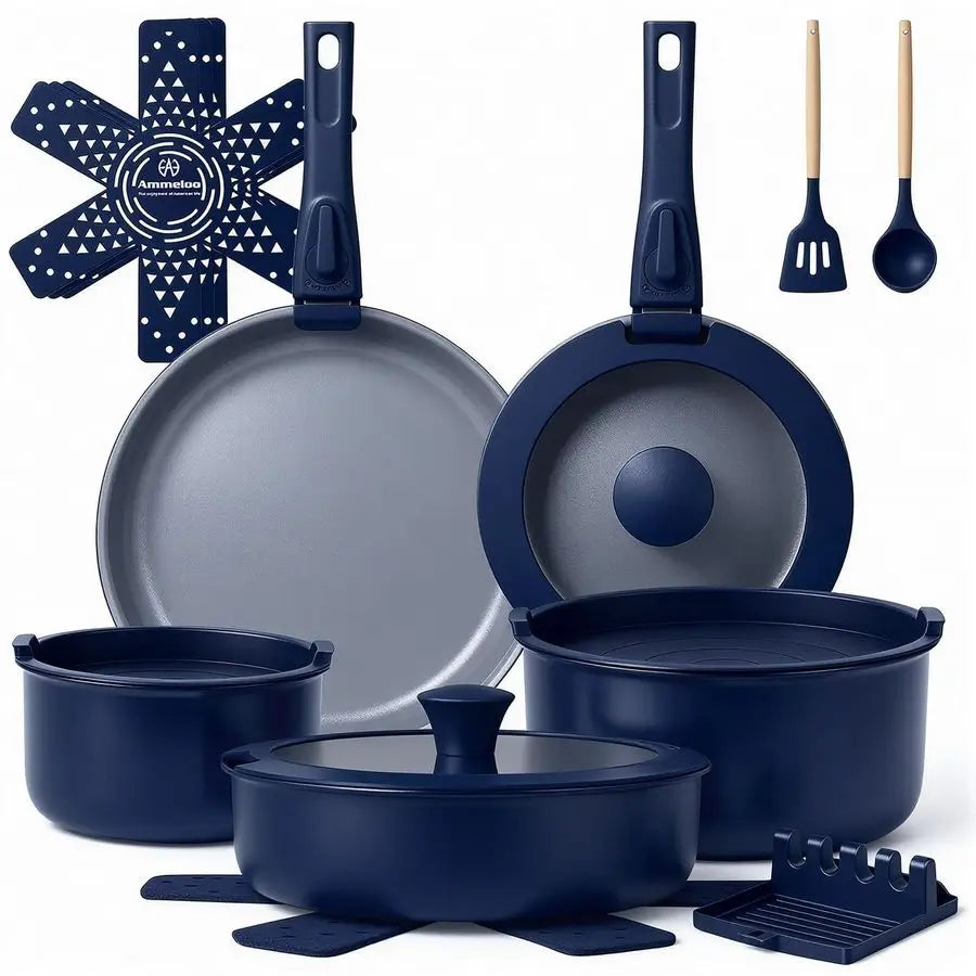 XMSJ 18-Piece Ceramic Nonstick Pots And Pans Set Removable Handles