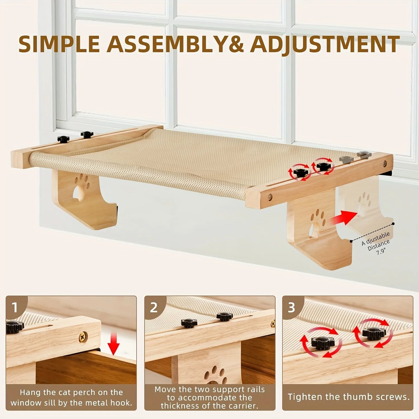 CZBNYX Cat Window Sill Hammock For Indoor Cats With Wooden And Metal Frame