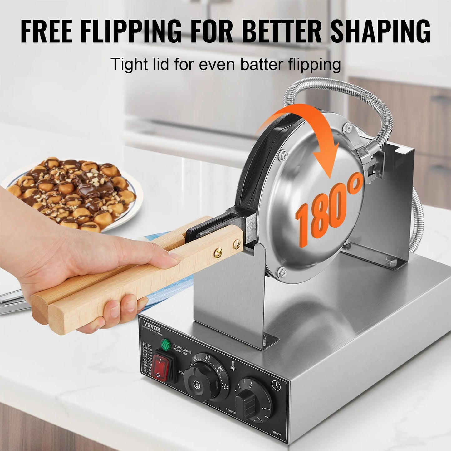 SucceBuy Commercial Egg Bubble Waffle Maker Rotatable 2 Pans