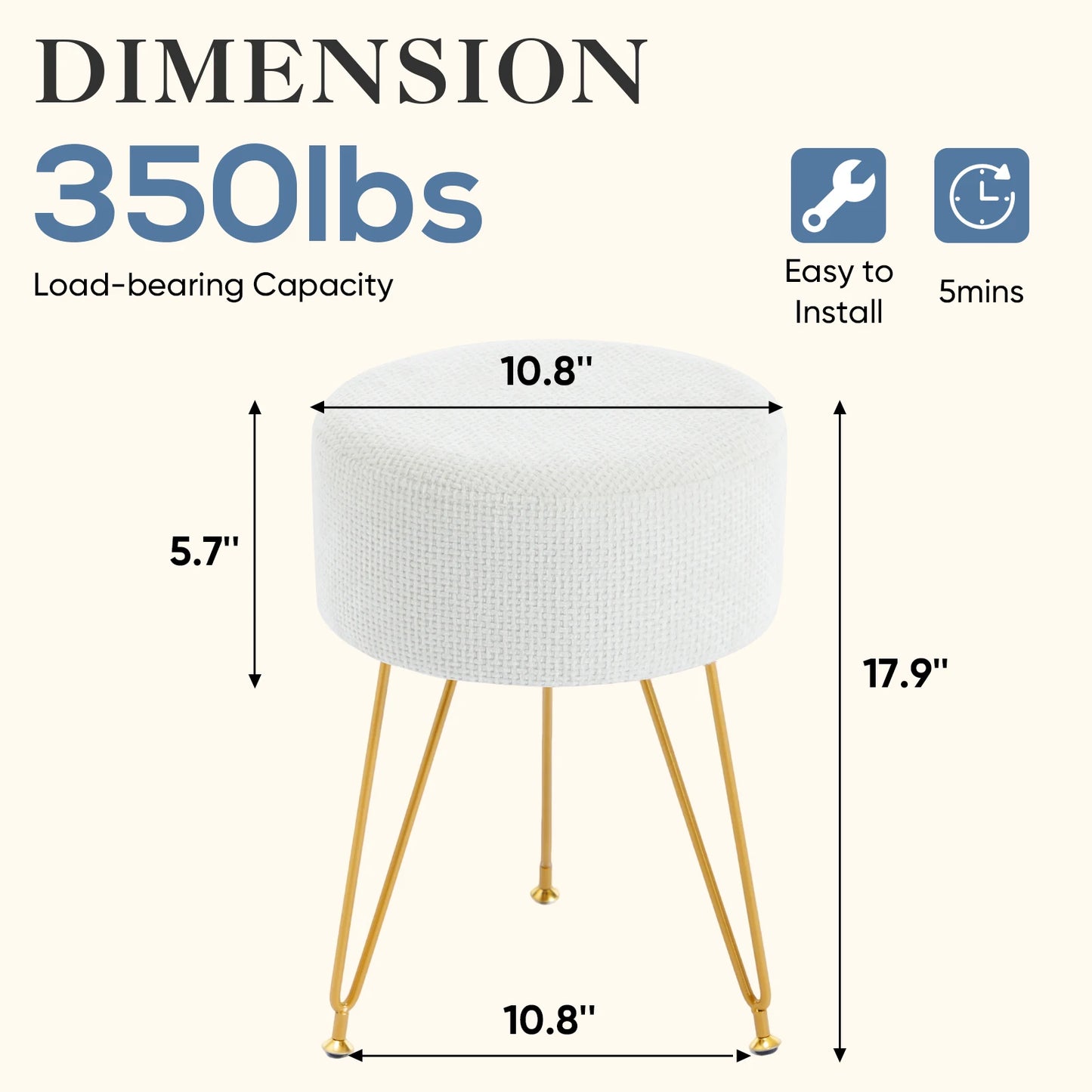 JHK Velvet Round Ottoman Vanity Stool for Home Use