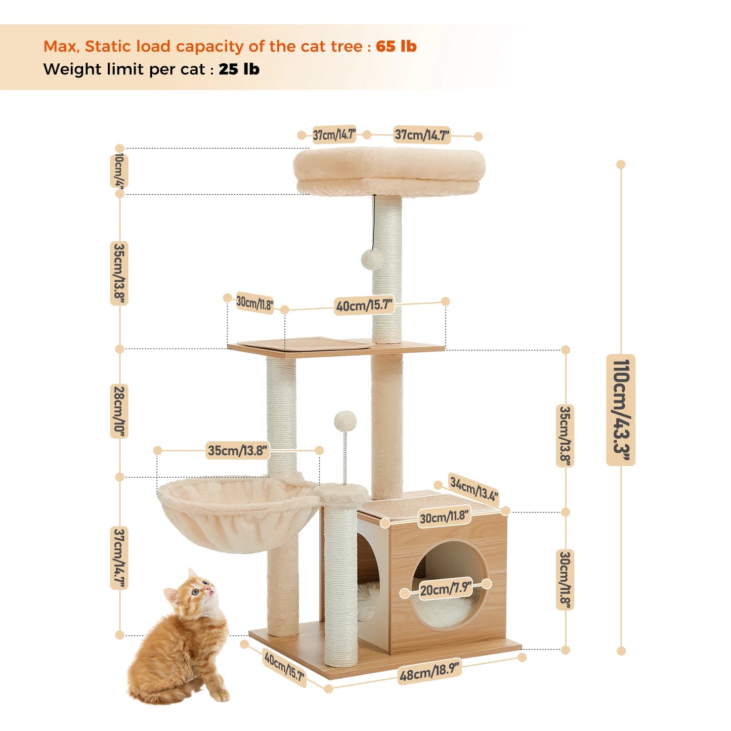 PAWZ Road Modern Cat Tree Indoor Cats Multi Level Wood Cat Tower With Cozy Condo