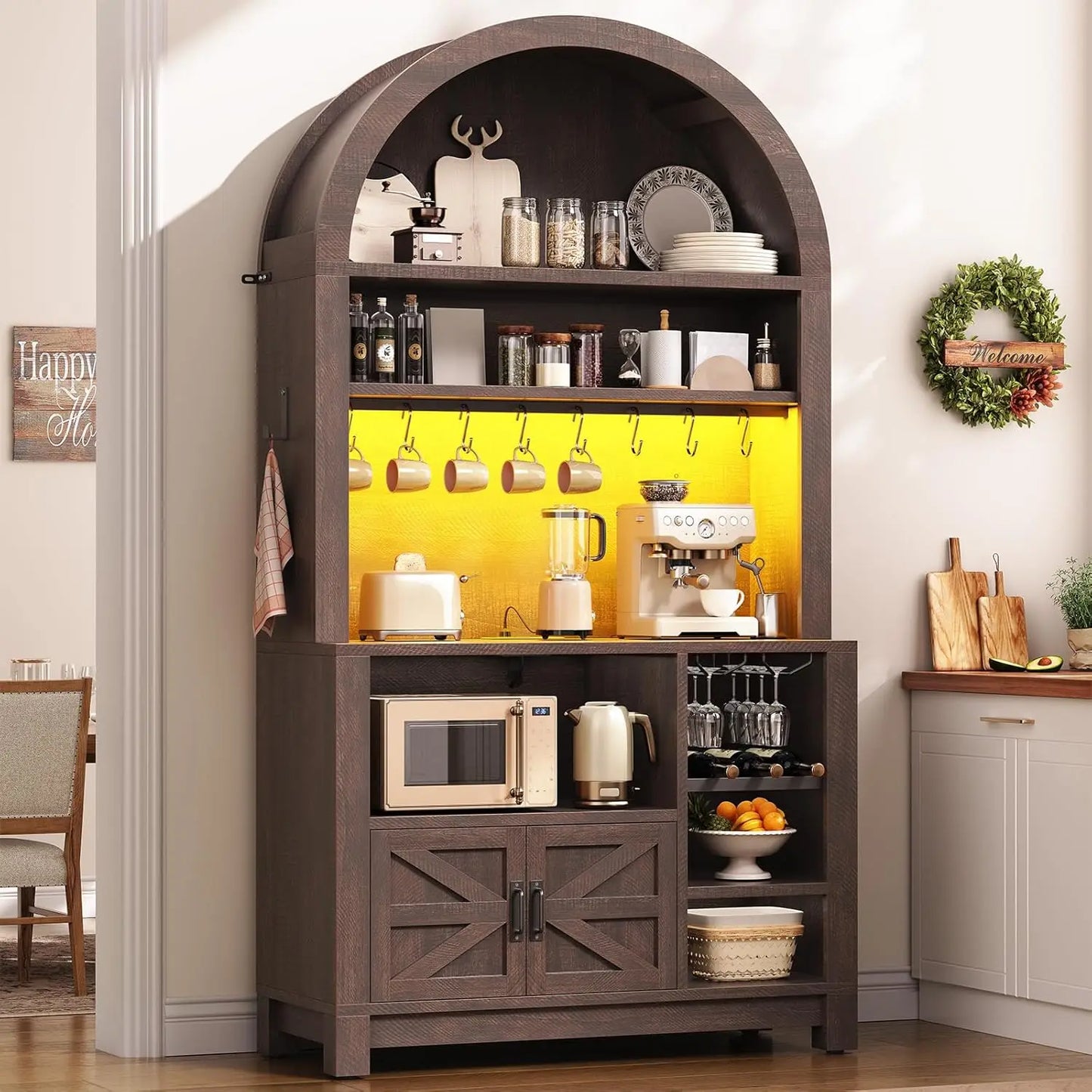 Arched Bakers Rack With Power Outlet And LED Light
