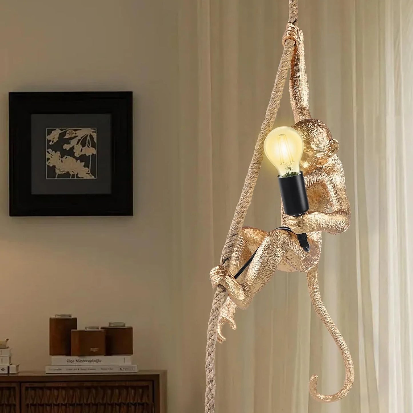 Vintage Monkey Pendant Light Resin Hemp Rope Ceiling Lamp E26