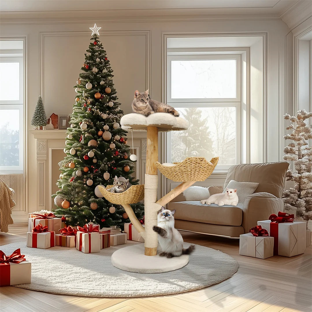 BINGOPAW Cat Climbing Tree Solid Wood Activity Center Scratching Post