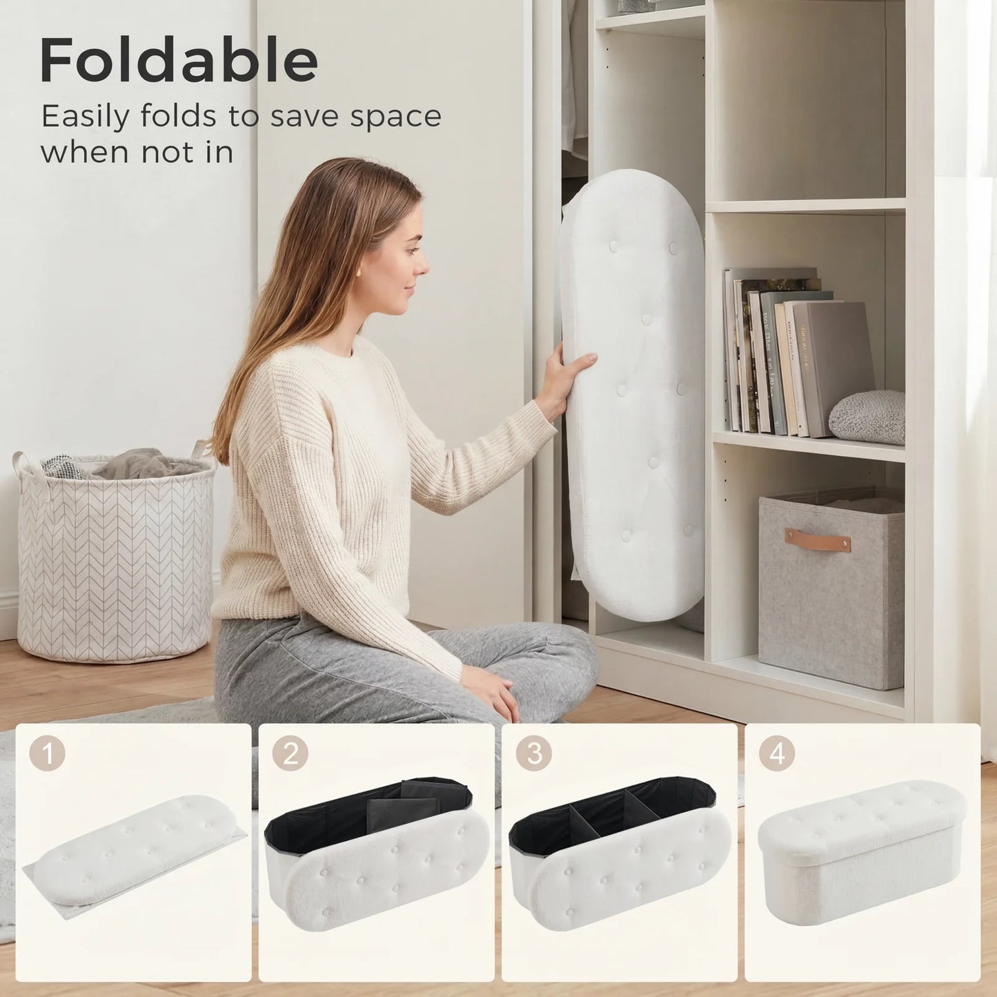 JHK Folding Storage Ottoman Bench With Cushion Teddy Fabric