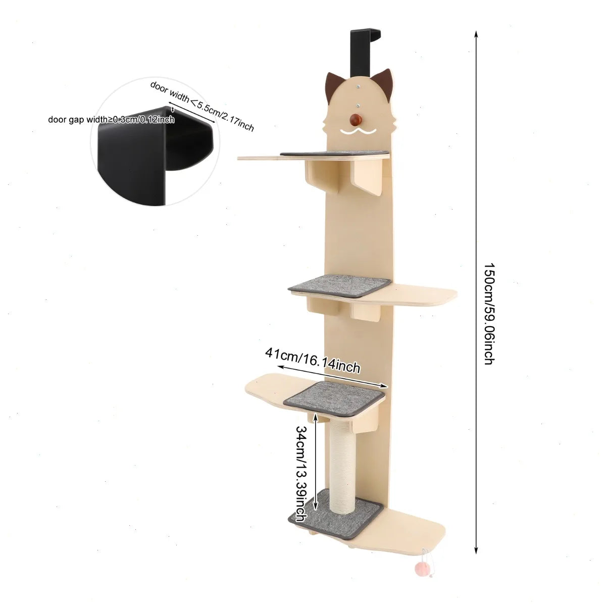 Door Hanging Cat Tree With Multi Level Climber Scratch Post Teaser Ball