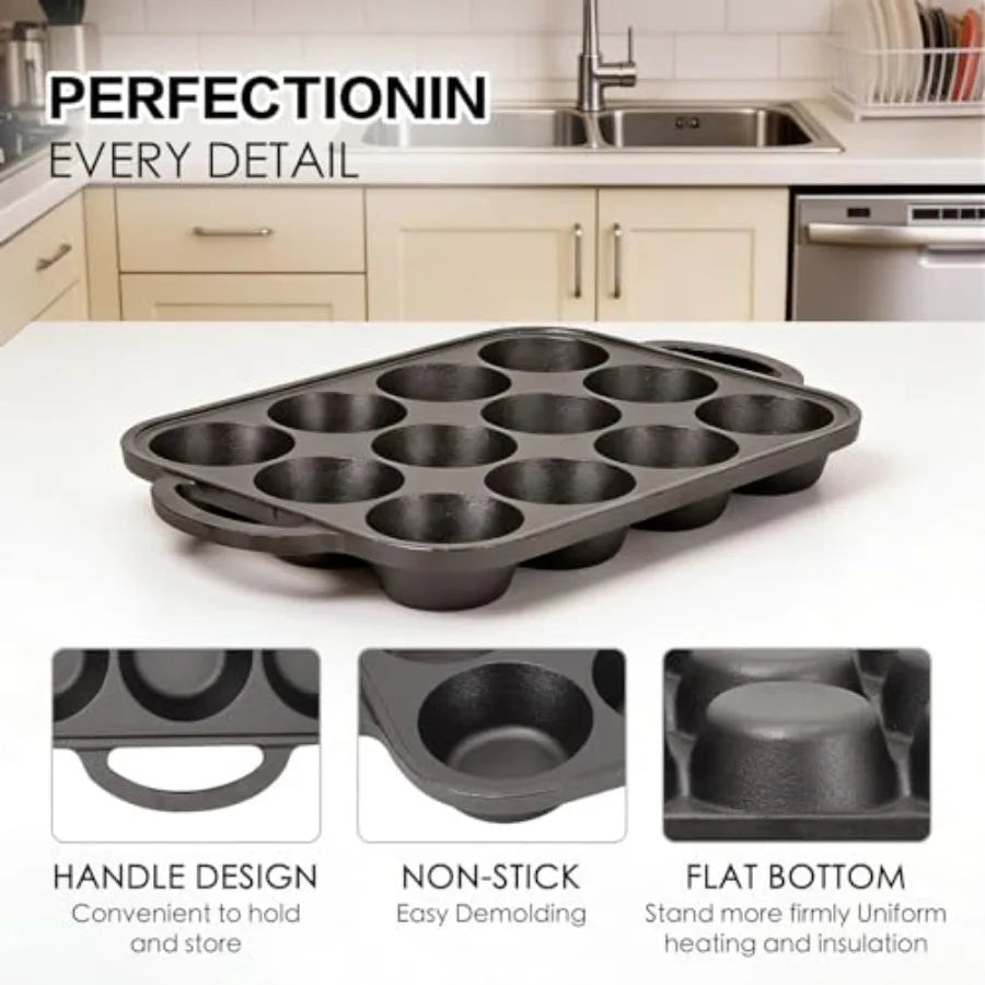 Steel Muffin Pans With Handle Preseasoned Durable 2 Pack
