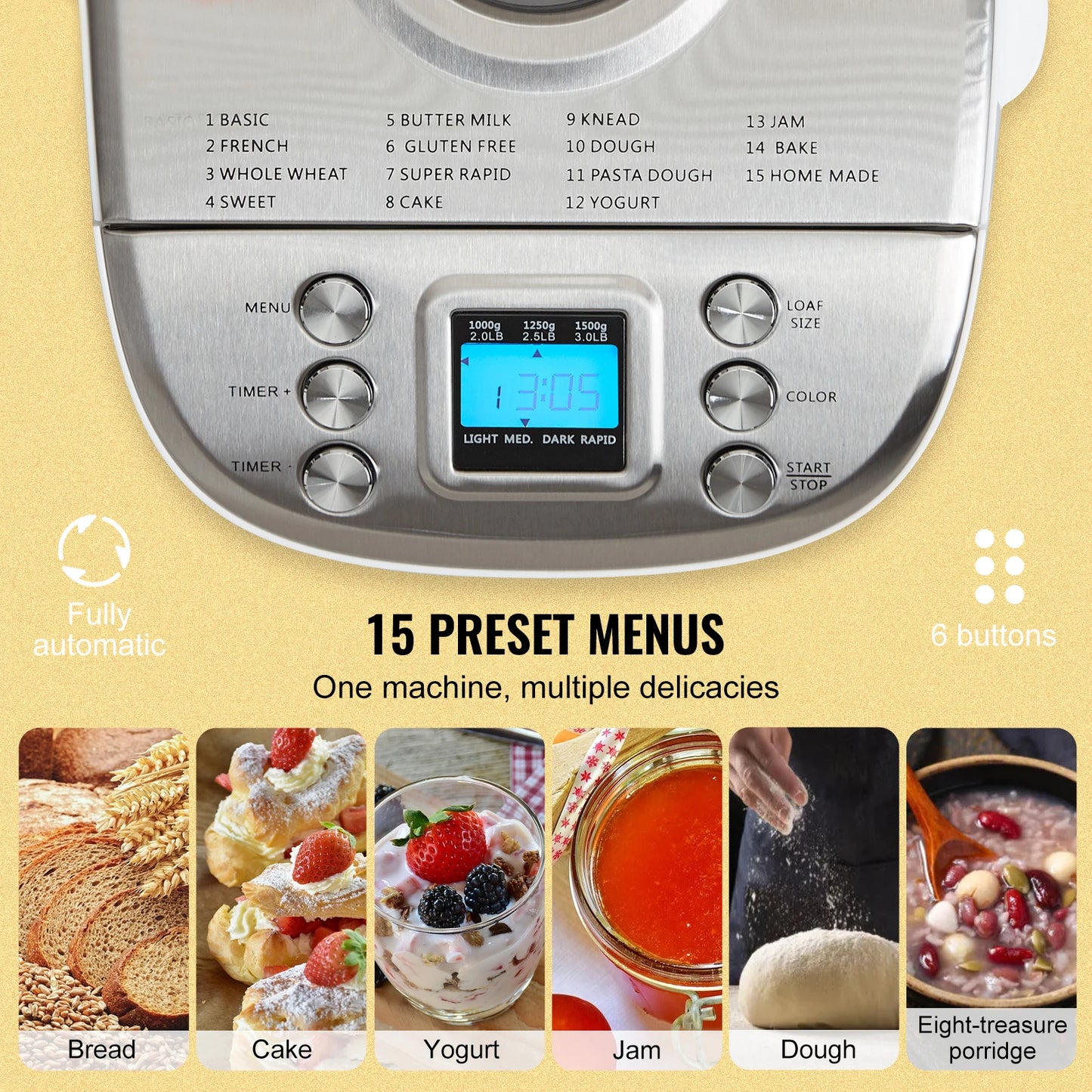 SucceBuy 15-In-1 Bread Maker With Gluten Free Setting Programmable Dough