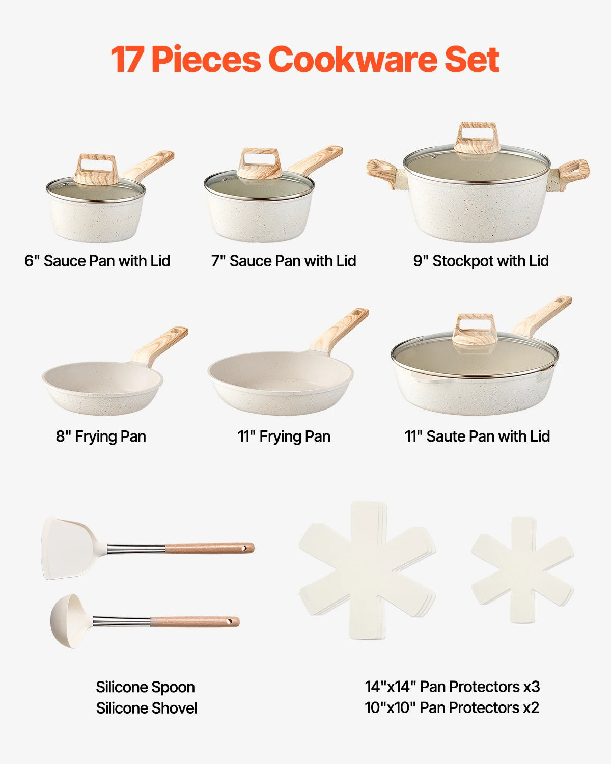 VEVOR 17 Piece Granite Nonstick Cookware Set Induction Compatible