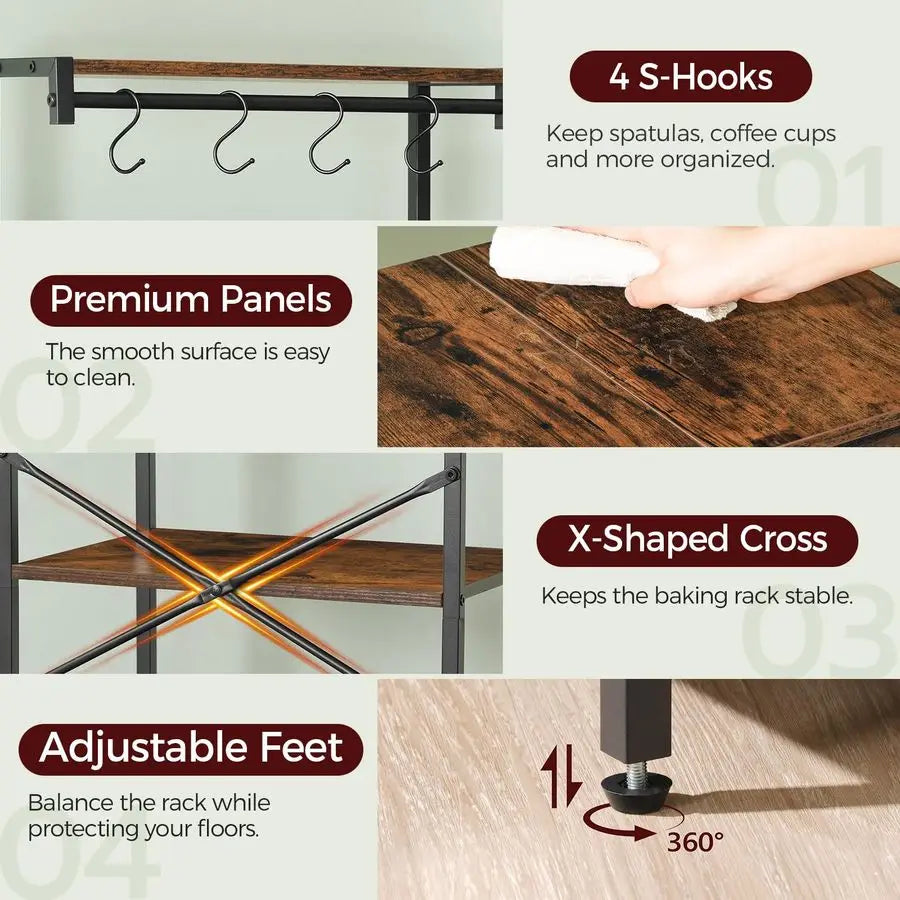 Bakers Rack With Power Strip Microwave Stand 4 Hooks