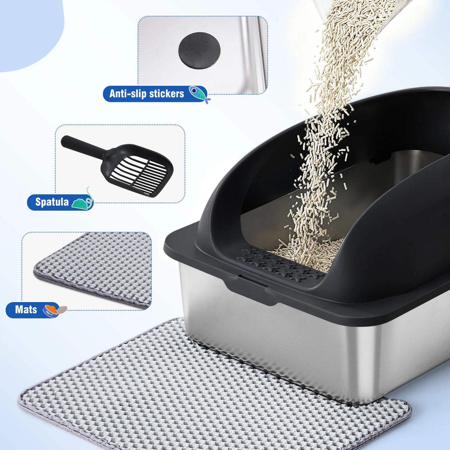 Stainless Steel Cat Litter Box With Lid For Large Cats Scoop And Mat Included