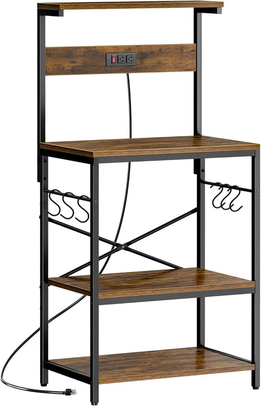 Kitchen Bakers Rack With Power Outlet Microwave Stand With Hooks