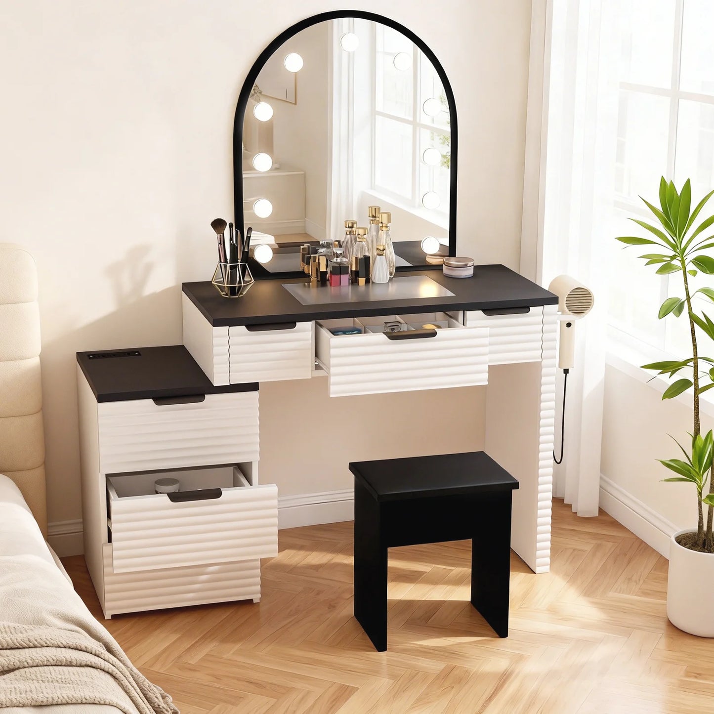 Modern Vanity Desk Chair With Mirror Lighting And Glass Top
