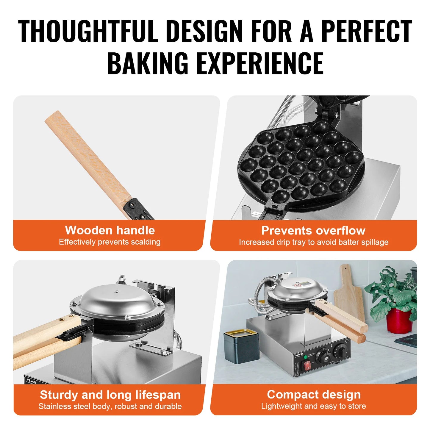SucceBuy Commercial Egg Bubble Waffle Maker Rotatable 2 Pans