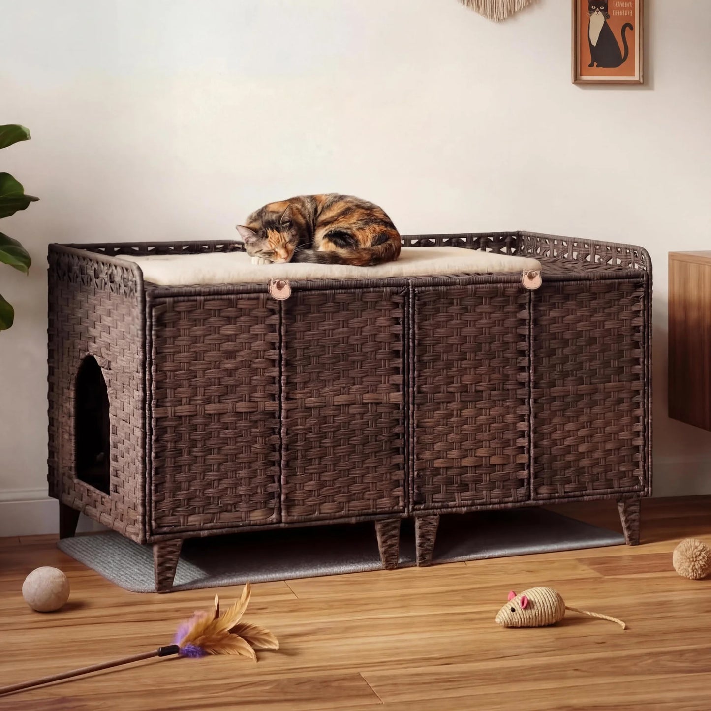 DishyKooker Rattan Litter Box Enclosure For Two Cats