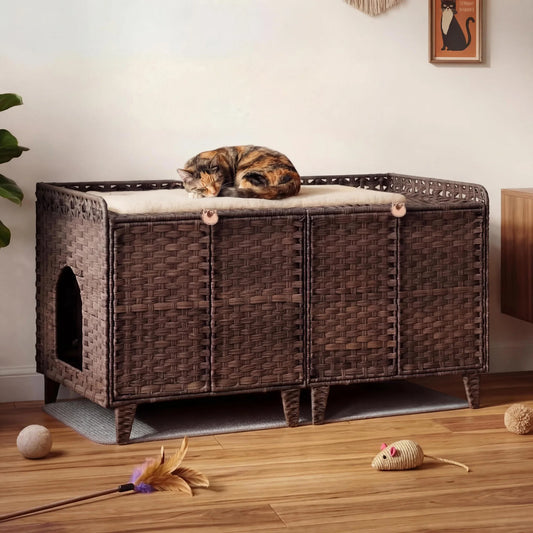 DishyKooker Rattan Litter Box Enclosure For Two Cats