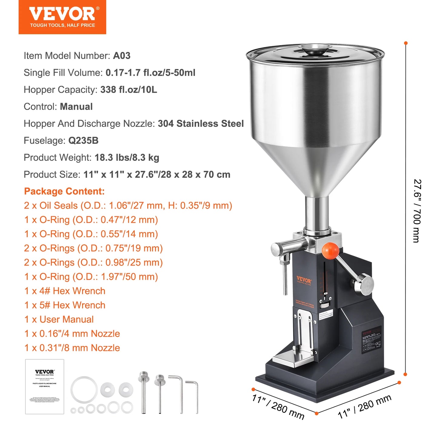 VEVOR Manual Liquid Filling Machine with Hopper 5-50ml 5-100ml