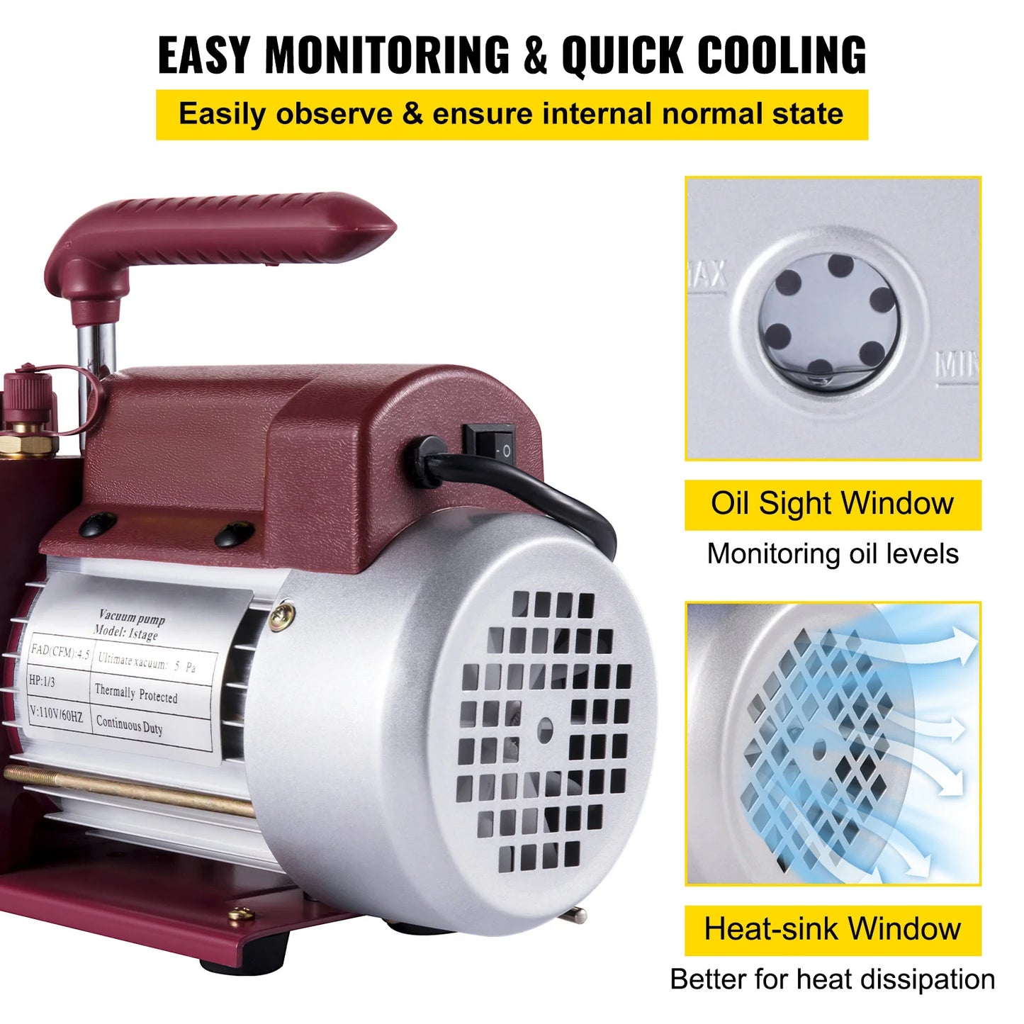SucceBuy 4.5 CFM 1/3 HP Refrigerant Vacuum Pump Single Stage For HVAC Systems
