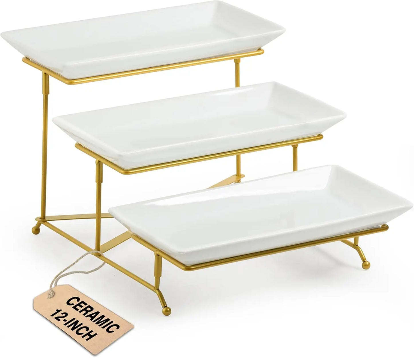 Three Tier Porcelain Serving Tray With Collapsible Rack Display Stand