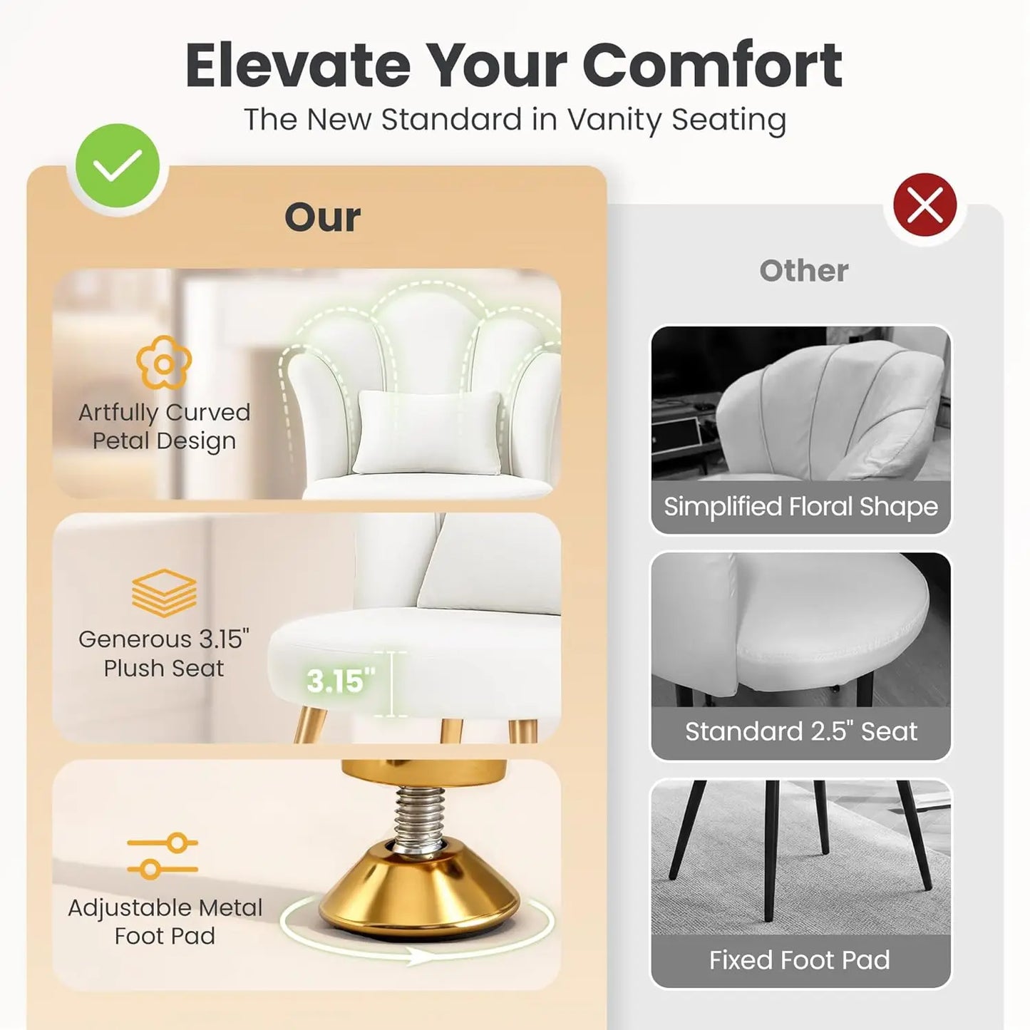 Petal Vanity Chair With Flower Backrest And Golden Metal Legs