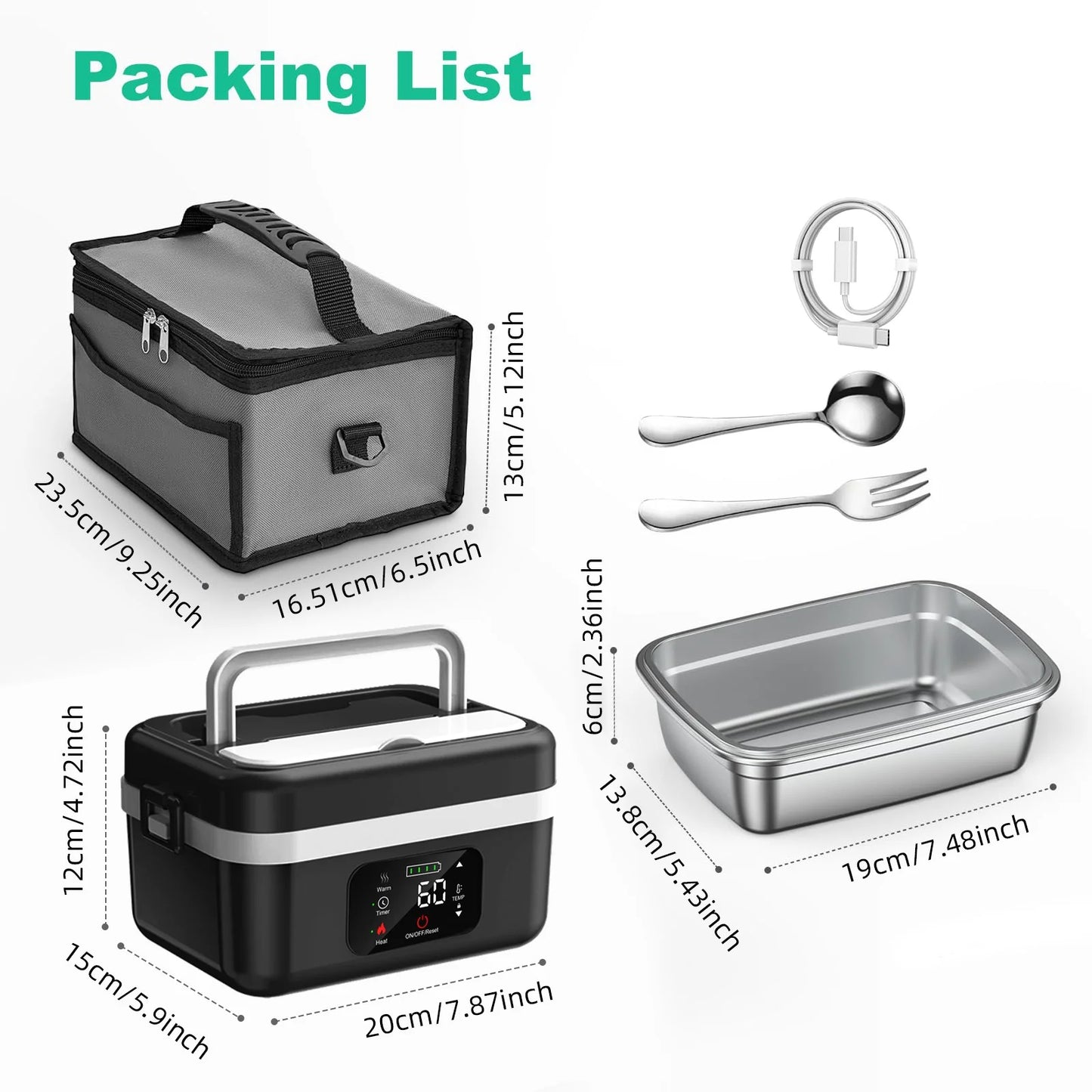 8000mAh Rechargeable Lunch Box With Timer And Fork And Spoon
