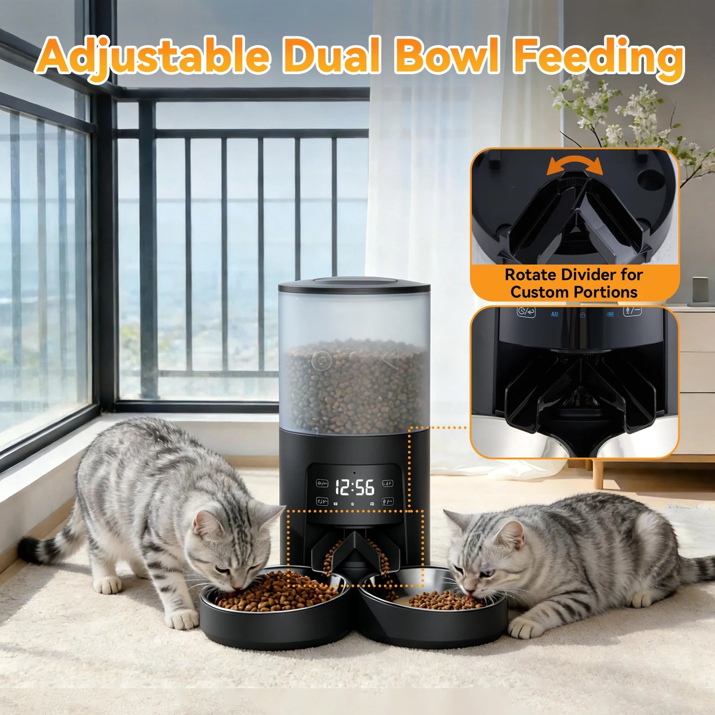 Automatic Cat Feeder With Two Stainless Bowls Timed Dual Power Dispenser