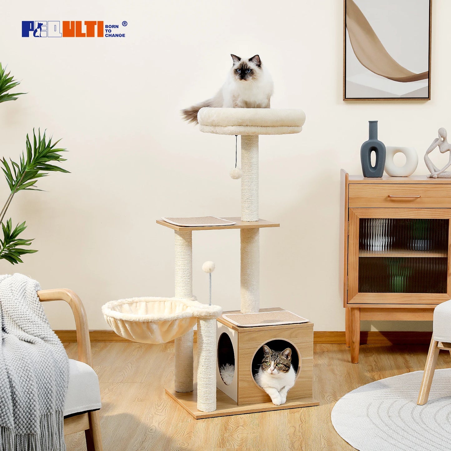 PAWZ Road Modern Cat Tree Indoor Cats Multi Level Wood Cat Tower With Cozy Condo