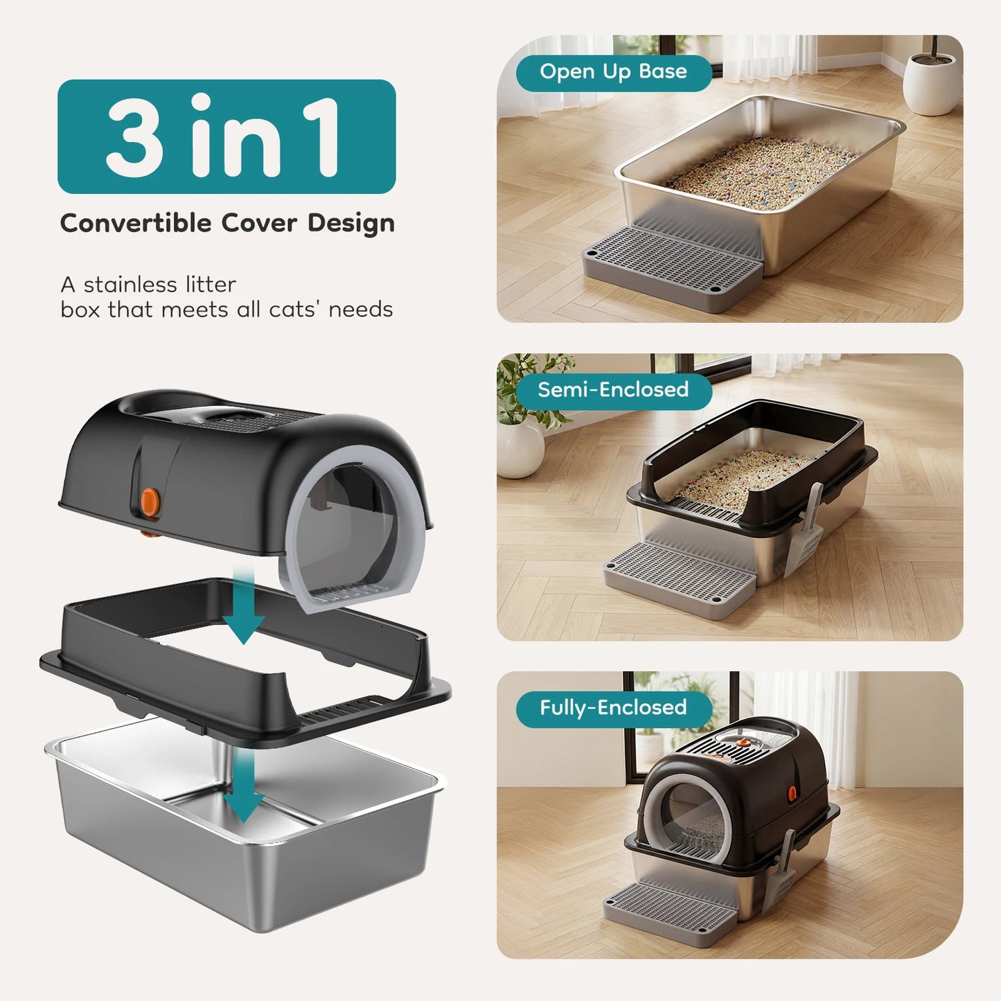 Stainless Steel Cat Litter Box Fully Enclosed For Large Cats