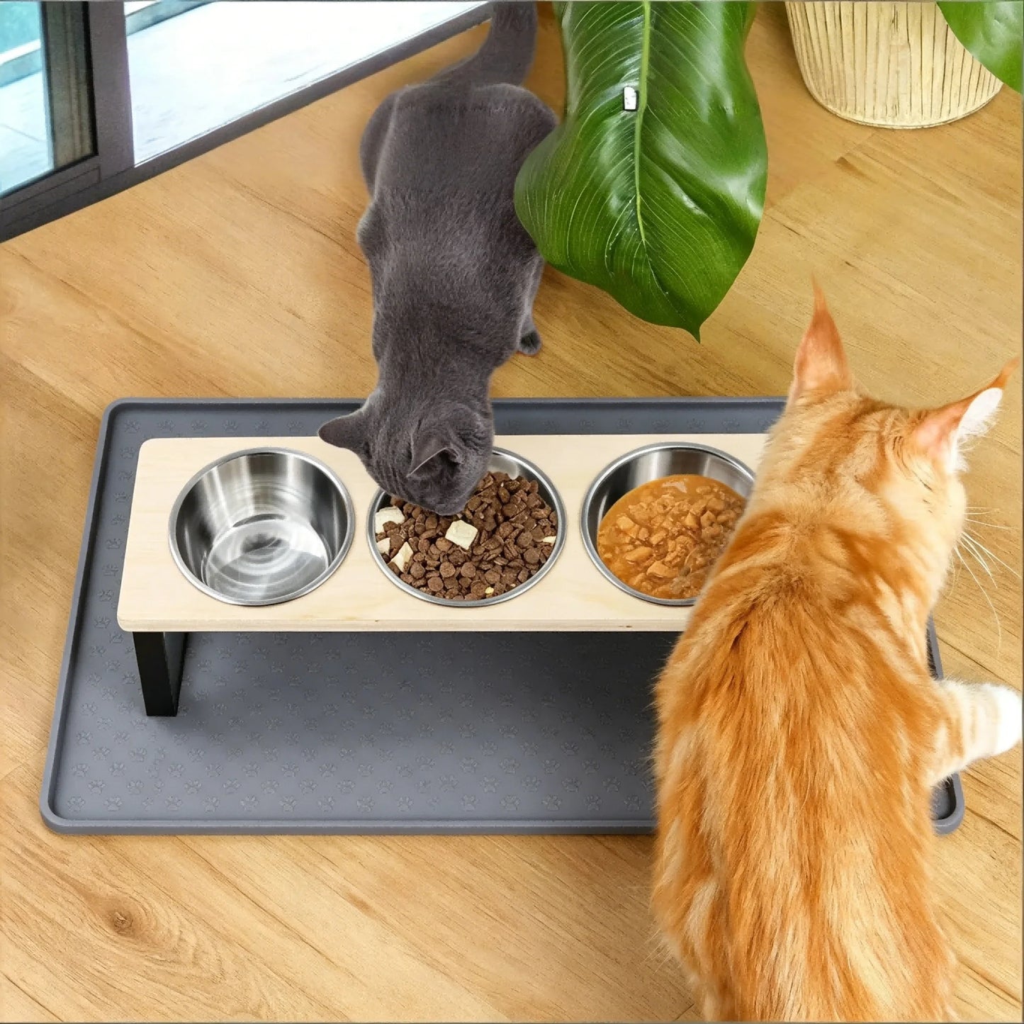 Elevated Cat Feeder With Tilted Bamboo Stand And Stainless Bowls