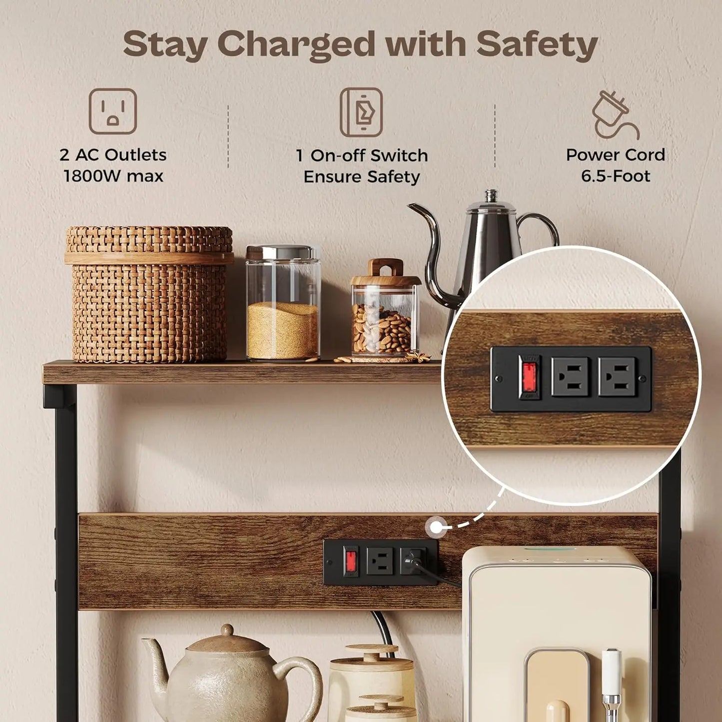 Kitchen Bakers Rack With Power Outlet Microwave Stand With Hooks
