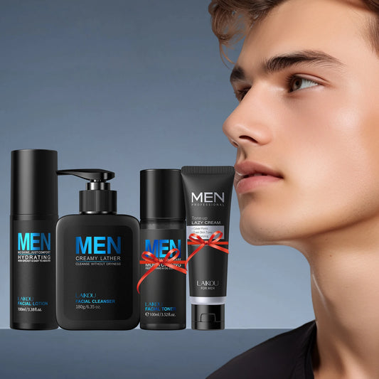 LAIKOU Men Skincare Set Four Piece Cleanser Toner Lotion Lazy Cream Hydrating