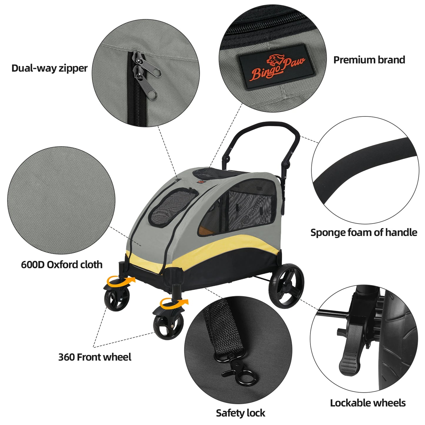 Dog Stroller Four Wheel Foldable Cart Load Up To 55kg