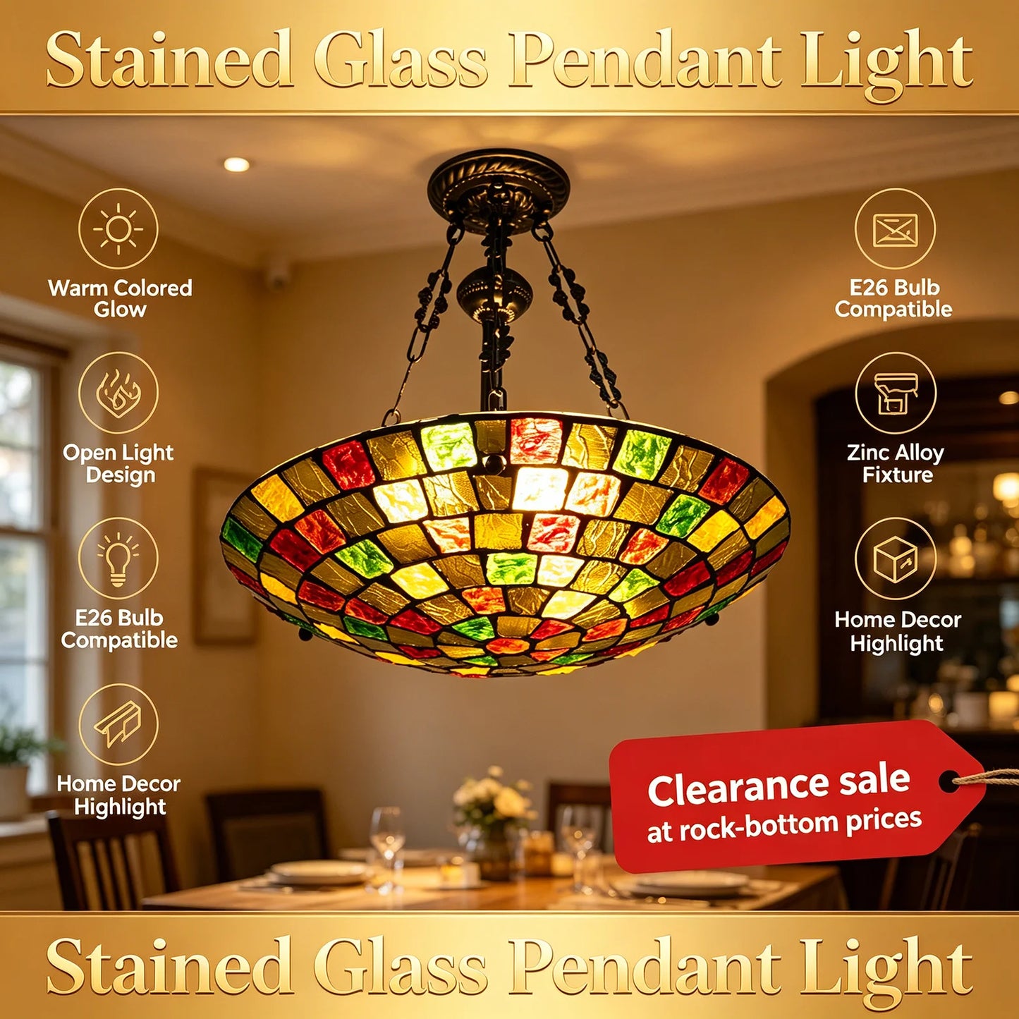 Tiffany Style Stained Glass Pendant Light 5-Light Fixture
