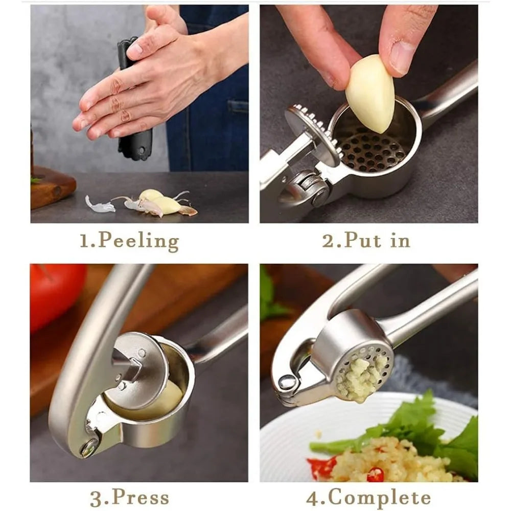Garlic Press 3 Piece Stainless Steel Set With Cleaning Brush