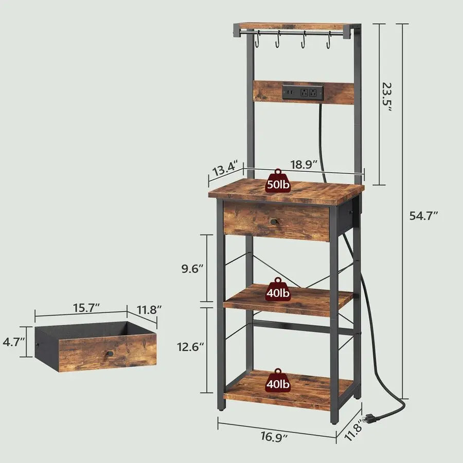 Bakers Rack With Power Strip Microwave Stand 4 Hooks