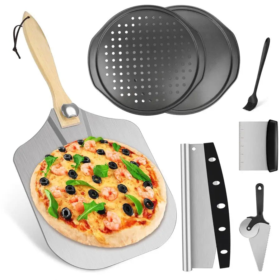 7 Piece Aluminum Pizza Peel Set With Paddle Cutter Scraper Pie Server Oil Brush
