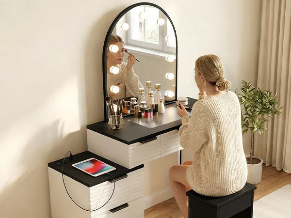 Modern Vanity Desk Chair With Mirror Lighting And Glass Top