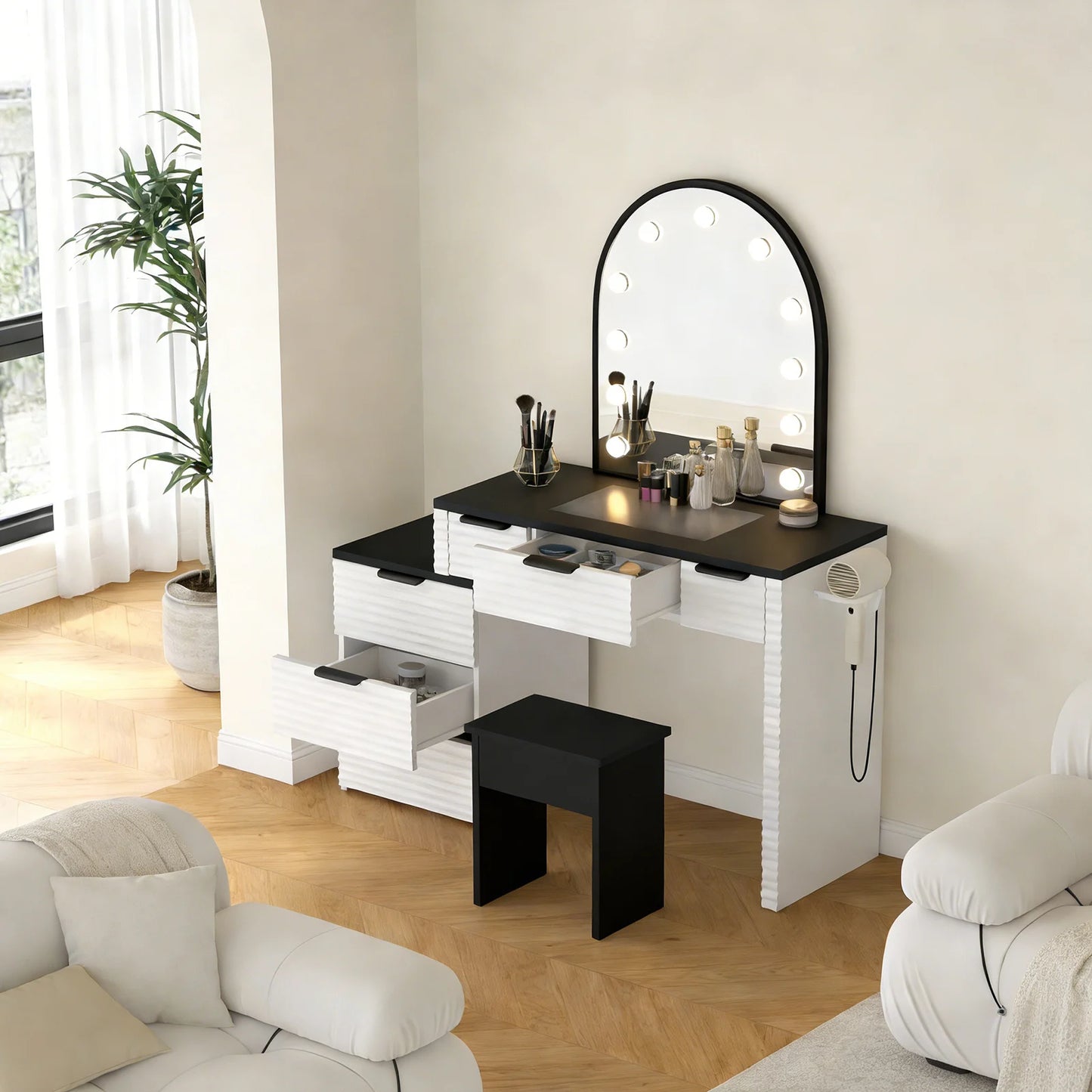 Modern Makeup Vanity Chair Set With Mirror Light Glass Top